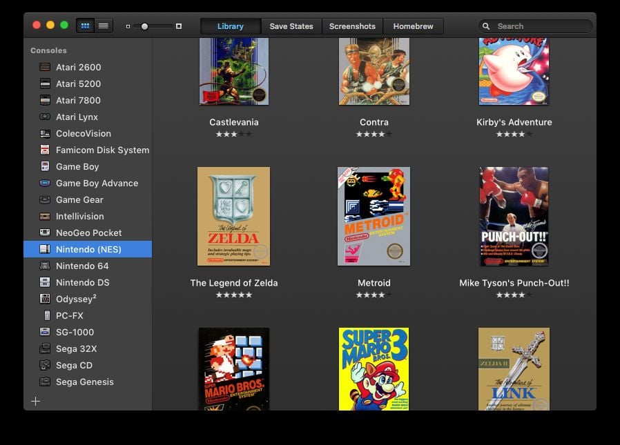 visuel open emu sur mac os avec de jaquettes de jeux nintendo nes